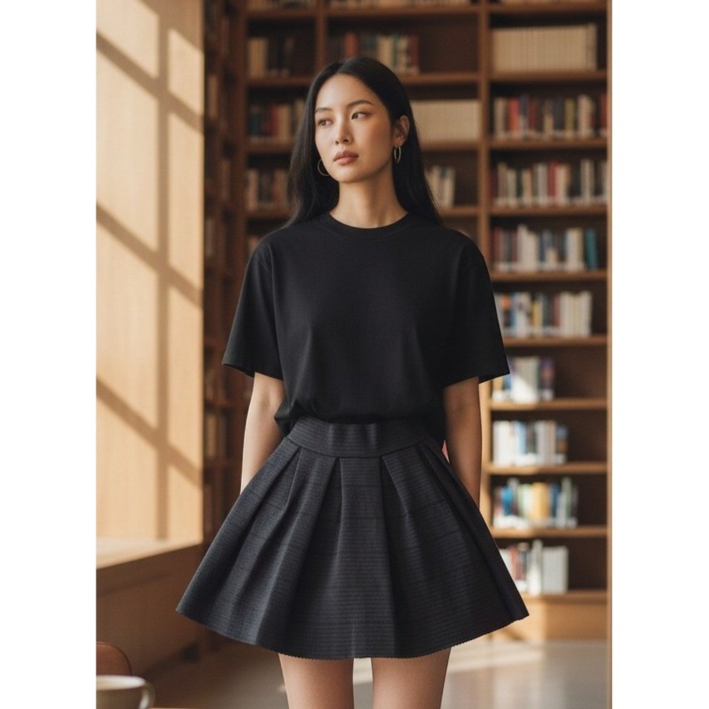 Black Textured Knit Skater Skirt High Waisted Pleated A-Line Mini Skirt Womens